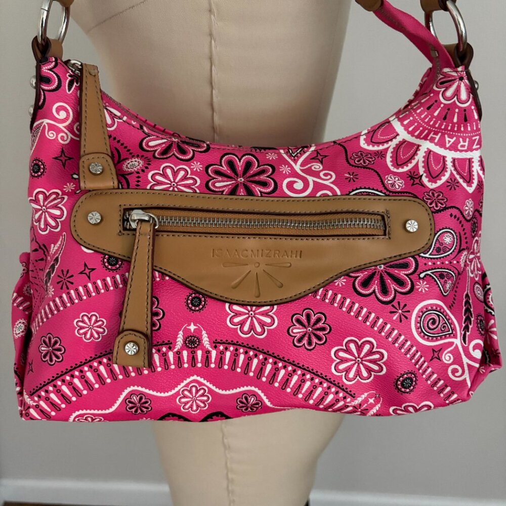 Isaac Mizrahi Pink Bandanna Print Hobo Style Tan PVC Trimmed Bag Retro - Picture 2 of 10